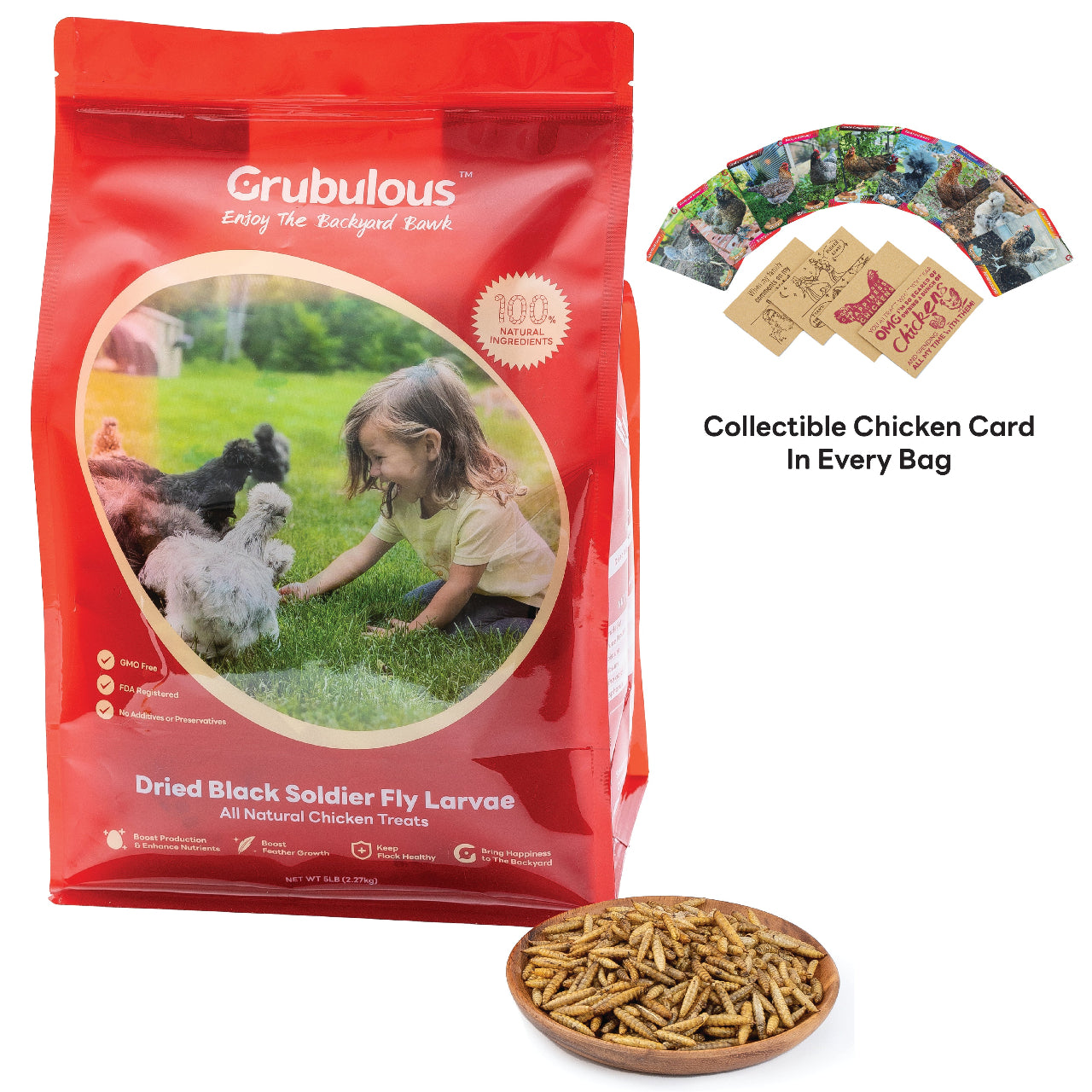 Grubulous dried black soldier fly larvae package, accompanied by collectible cardsand a bowl of larvae.